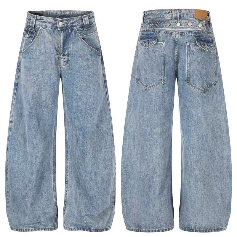 Multi-Button Layered Waist Acid Wash Wide-Leg Jeans