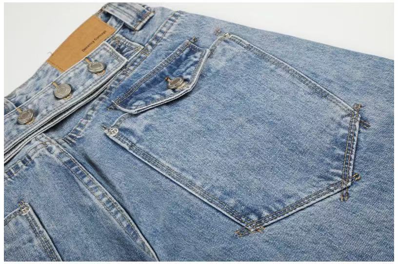 Multi-Button Layered Waist Acid Wash Wide-Leg Jeans