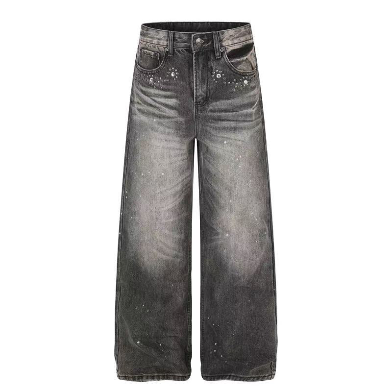 Smoky Grey Rhinestone Splatter Wash Wide-Leg Jeans
