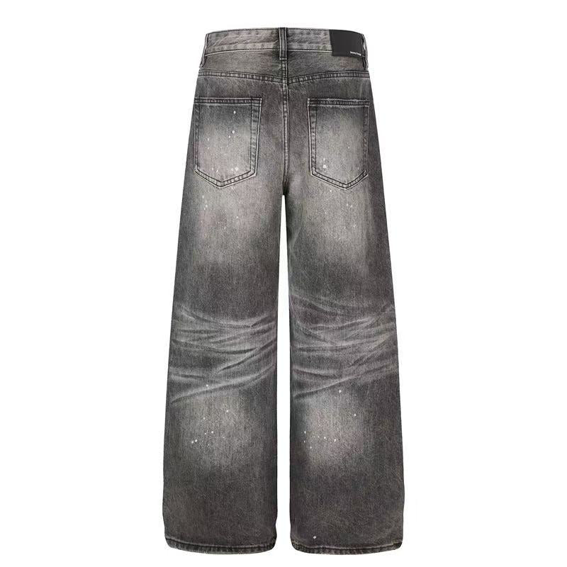 Smoky Grey Rhinestone Splatter Wash Wide-Leg Jeans