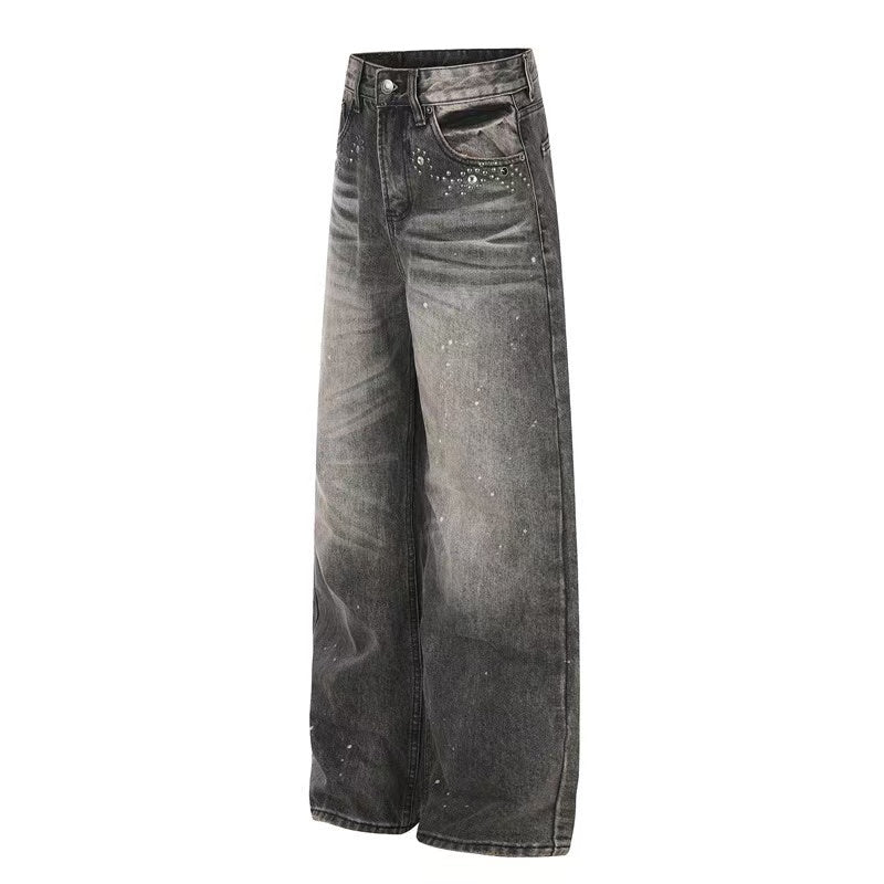 Smoky Grey Rhinestone Splatter Wash Wide-Leg Jeans