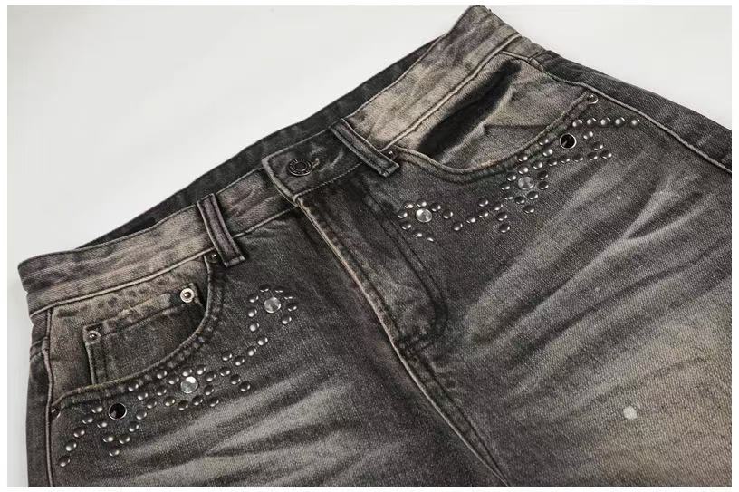 Smoky Grey Rhinestone Splatter Wash Wide-Leg Jeans