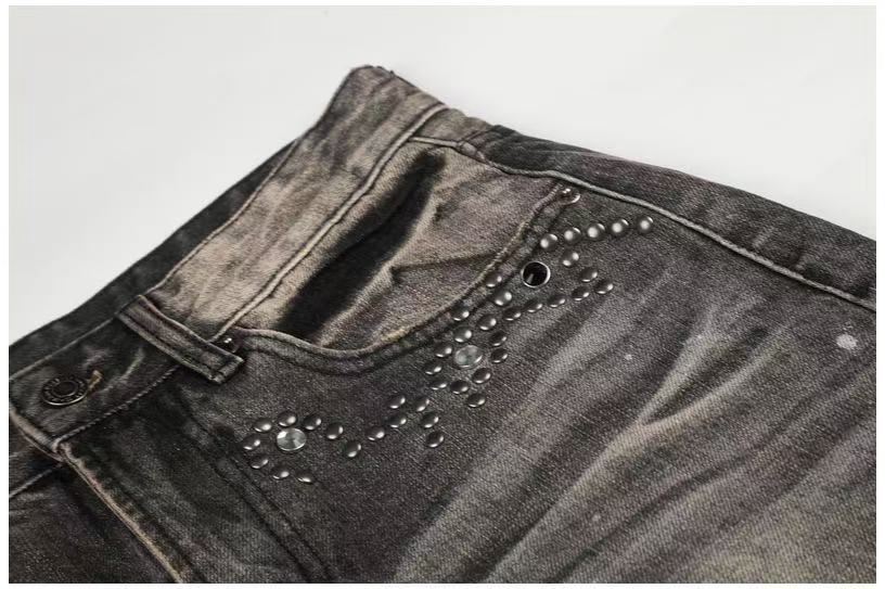 Smoky Grey Rhinestone Splatter Wash Wide-Leg Jeans