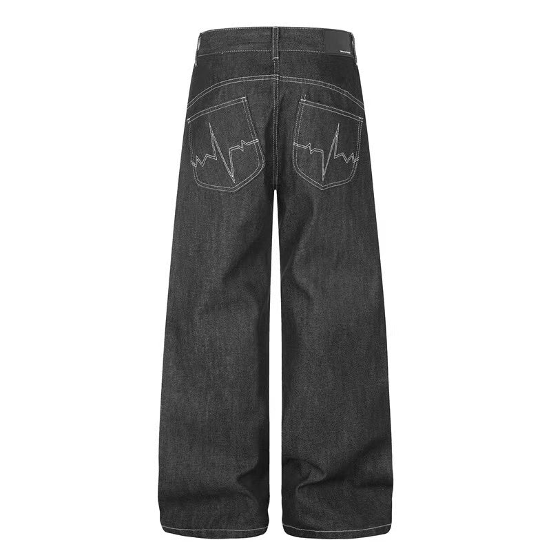 Black Raw Denim Horse & Sun Graphic Print Wide-Leg Jeans