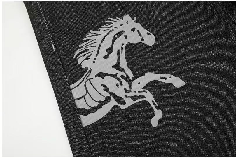 Black Raw Denim Horse & Sun Graphic Print Wide-Leg Jeans