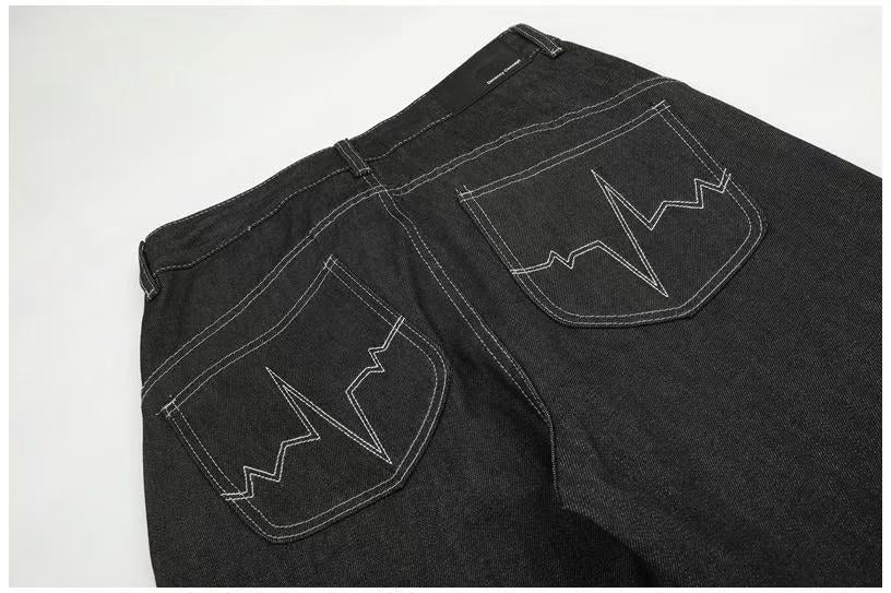 Black Raw Denim Horse & Sun Graphic Print Wide-Leg Jeans