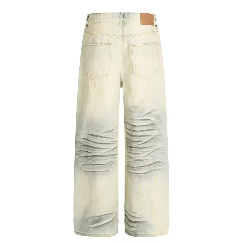 Dirty Yellow Pleated Whisker Wash Wide-Leg Jeans
