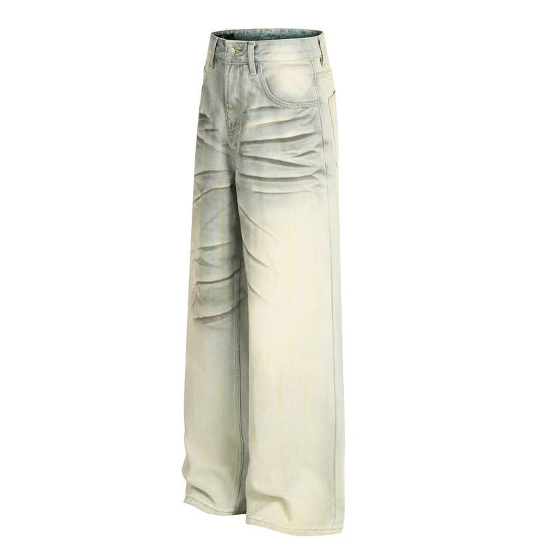 Dirty Yellow Pleated Whisker Wash Wide-Leg Jeans