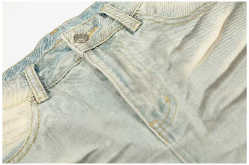 Dirty Yellow Pleated Whisker Wash Wide-Leg Jeans