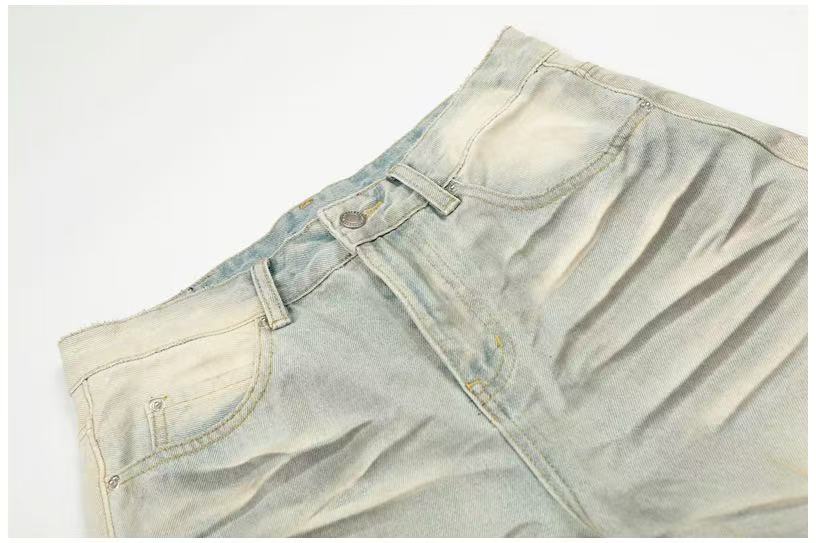 Dirty Yellow Pleated Whisker Wash Wide-Leg Jeans