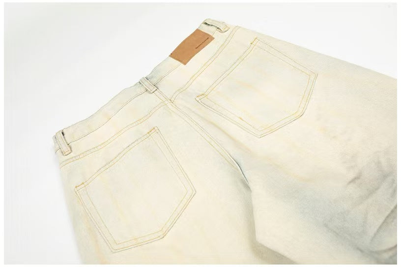 Dirty Yellow Pleated Whisker Wash Wide-Leg Jeans