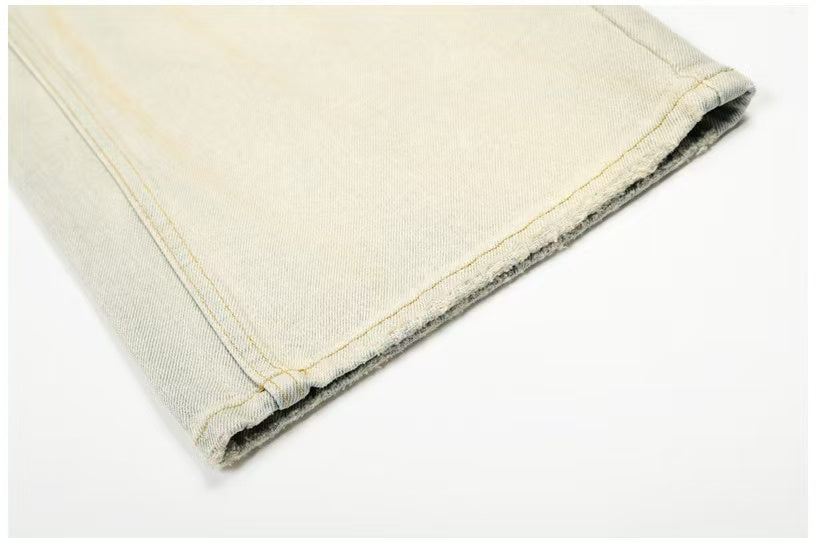 Dirty Yellow Pleated Whisker Wash Wide-Leg Jeans