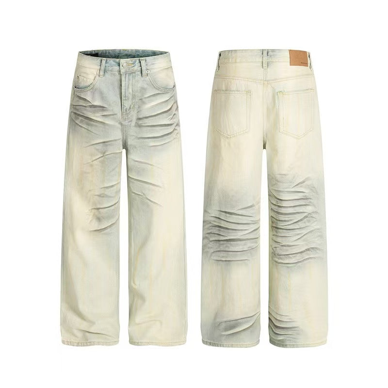 Dirty Yellow Pleated Whisker Wash Wide-Leg Jeans