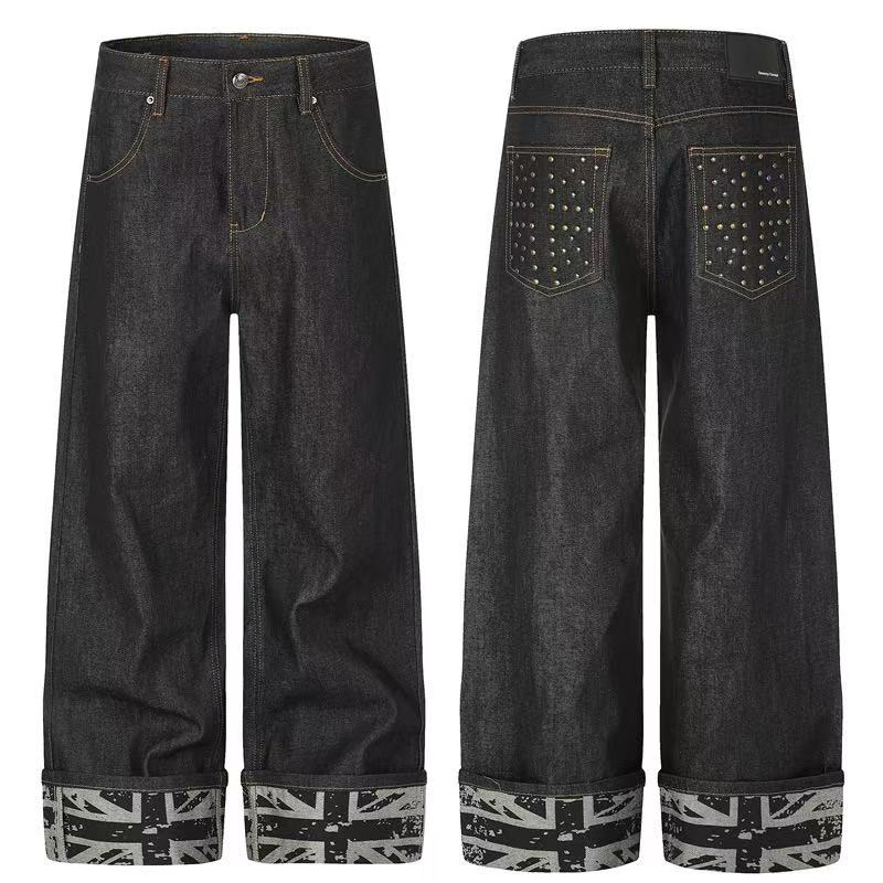 Studded Back Pocket Union Jack Cuff RawBlack Wide-Leg Jeans