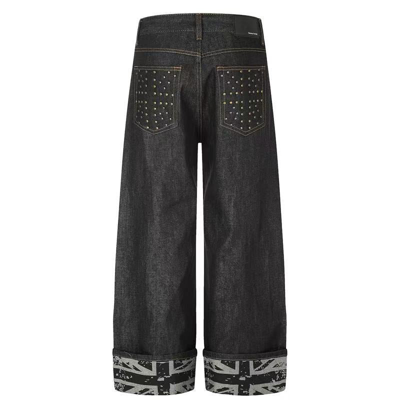 Studded Back Pocket Union Jack Cuff RawBlack Wide-Leg Jeans