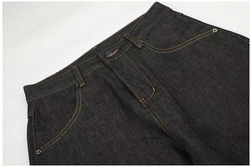 Studded Back Pocket Union Jack Cuff RawBlack Wide-Leg Jeans