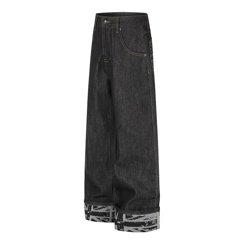 Studded Back Pocket Union Jack Cuff RawBlack Wide-Leg Jeans