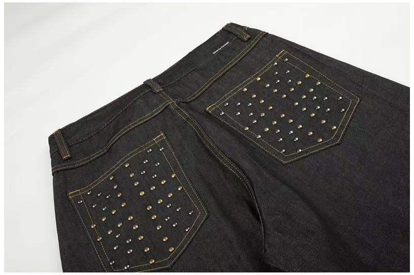 Studded Back Pocket Union Jack Cuff RawBlack Wide-Leg Jeans