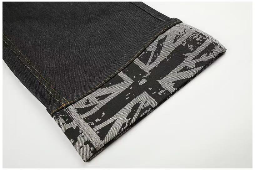 Studded Back Pocket Union Jack Cuff RawBlack Wide-Leg Jeans