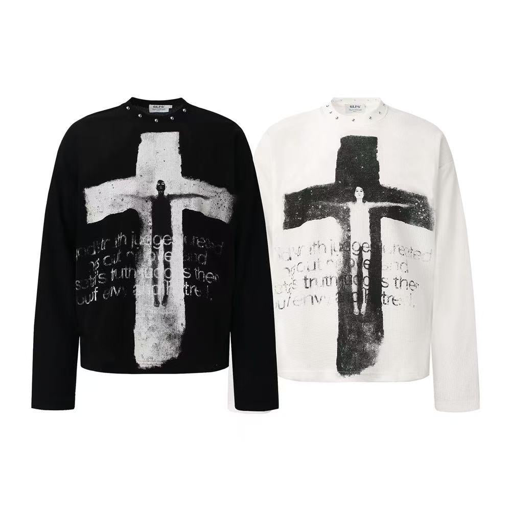Studded Collar Cross Print Waffle Knit Long Sleeve