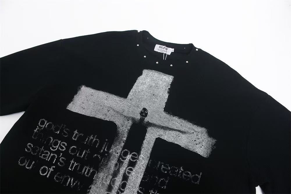 Studded Collar Cross Print Waffle Knit Long Sleeve