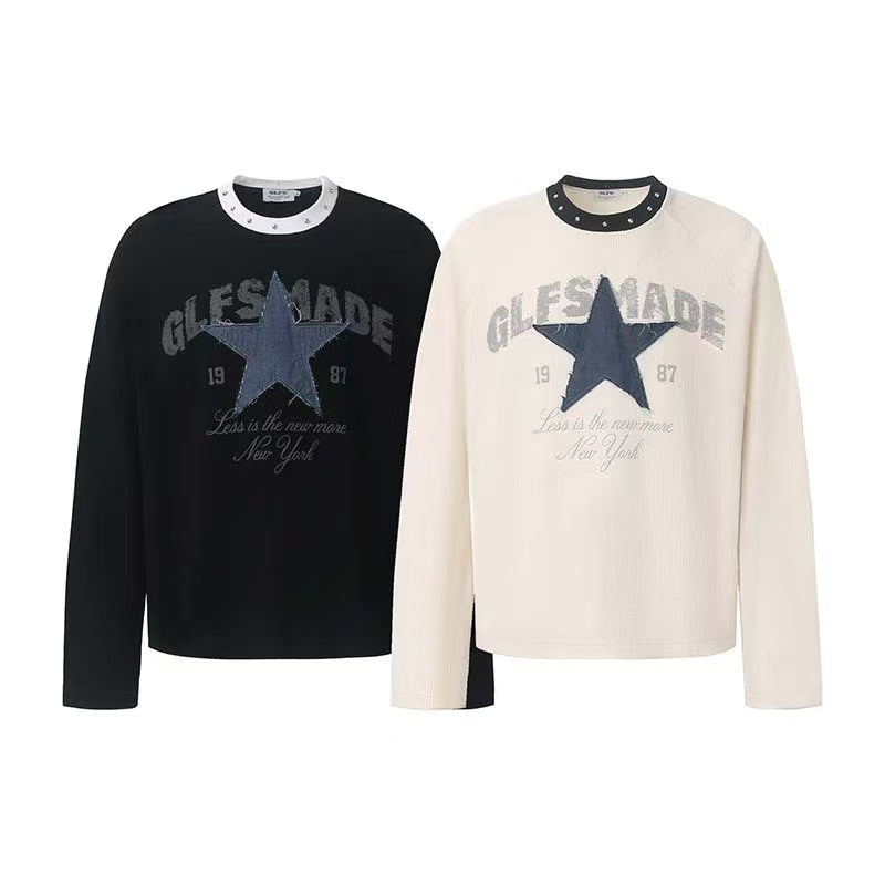 Denim Star Patch Stud Collar Waffle Knit Long Sleeve