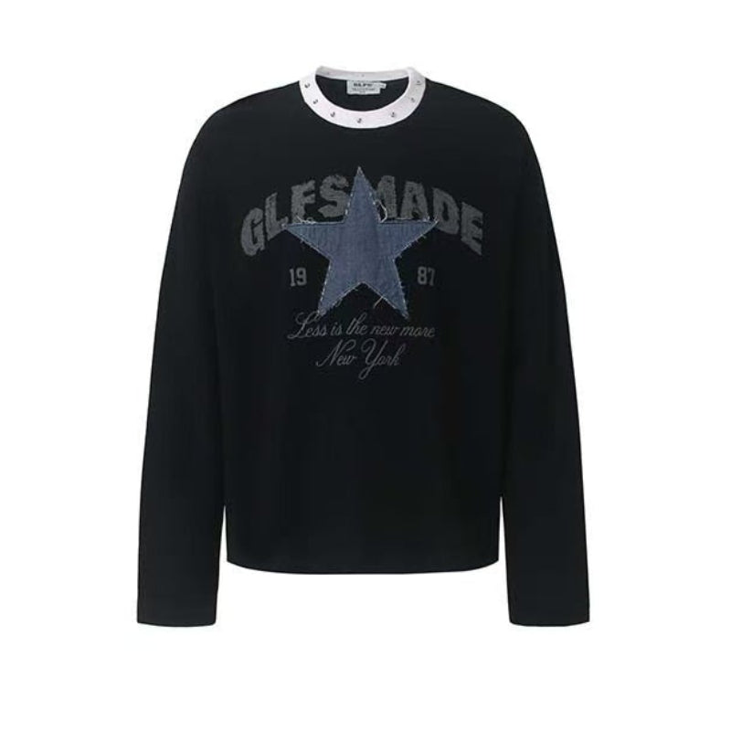 Denim Star Patch Stud Collar Waffle Knit Long Sleeve