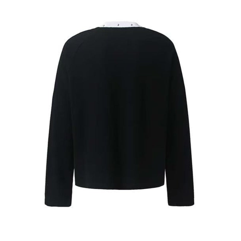 Denim Star Patch Stud Collar Waffle Knit Long Sleeve