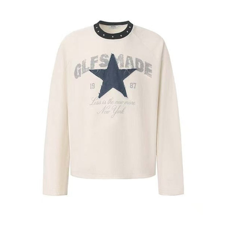 Denim Star Patch Stud Collar Waffle Knit Long Sleeve