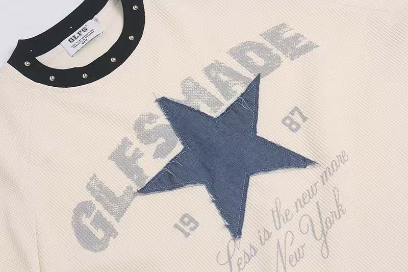 Denim Star Patch Stud Collar Waffle Knit Long Sleeve