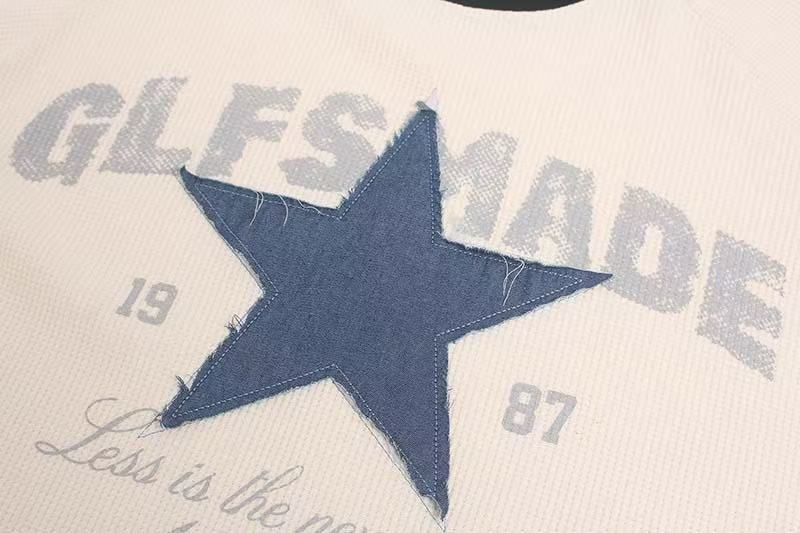 Denim Star Patch Stud Collar Waffle Knit Long Sleeve
