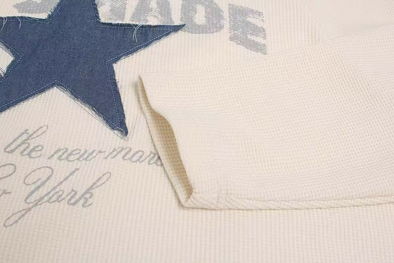 Denim Star Patch Stud Collar Waffle Knit Long Sleeve