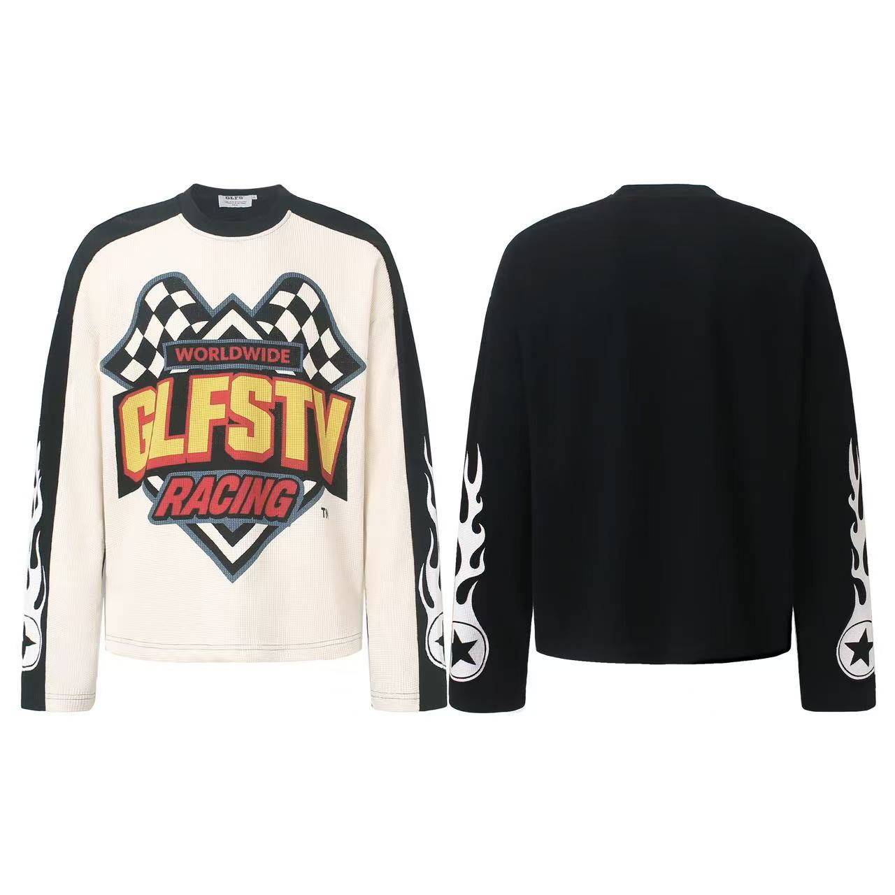 Racing Graphic Contrast Color Waffle Knit Long Sleeve