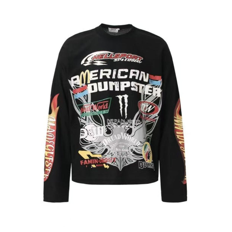 Vintage Racing Collage Print Waffle Knit Long Sleeve