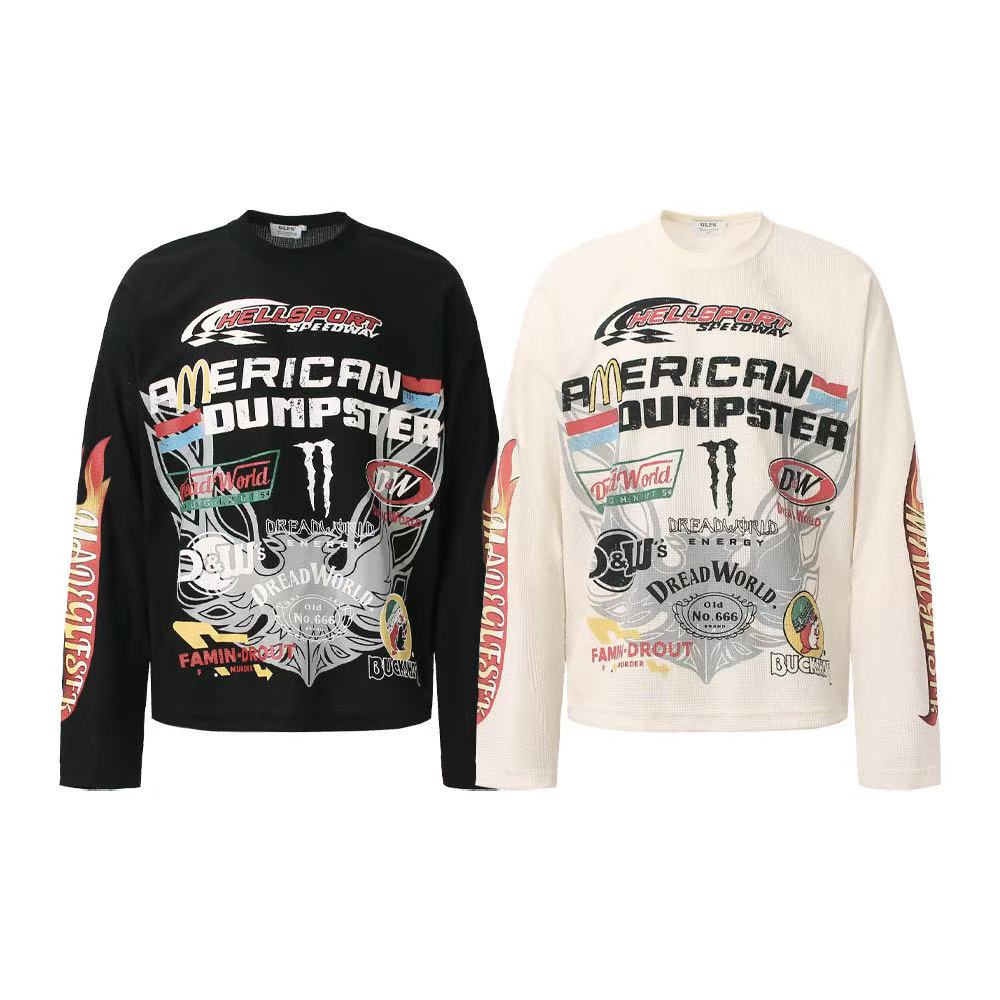 Vintage Racing Collage Print Waffle Knit Long Sleeve