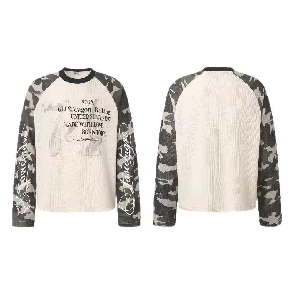 Camo Raglan Sleeve Vintage Script Print Waffle Knit Long Sleeve