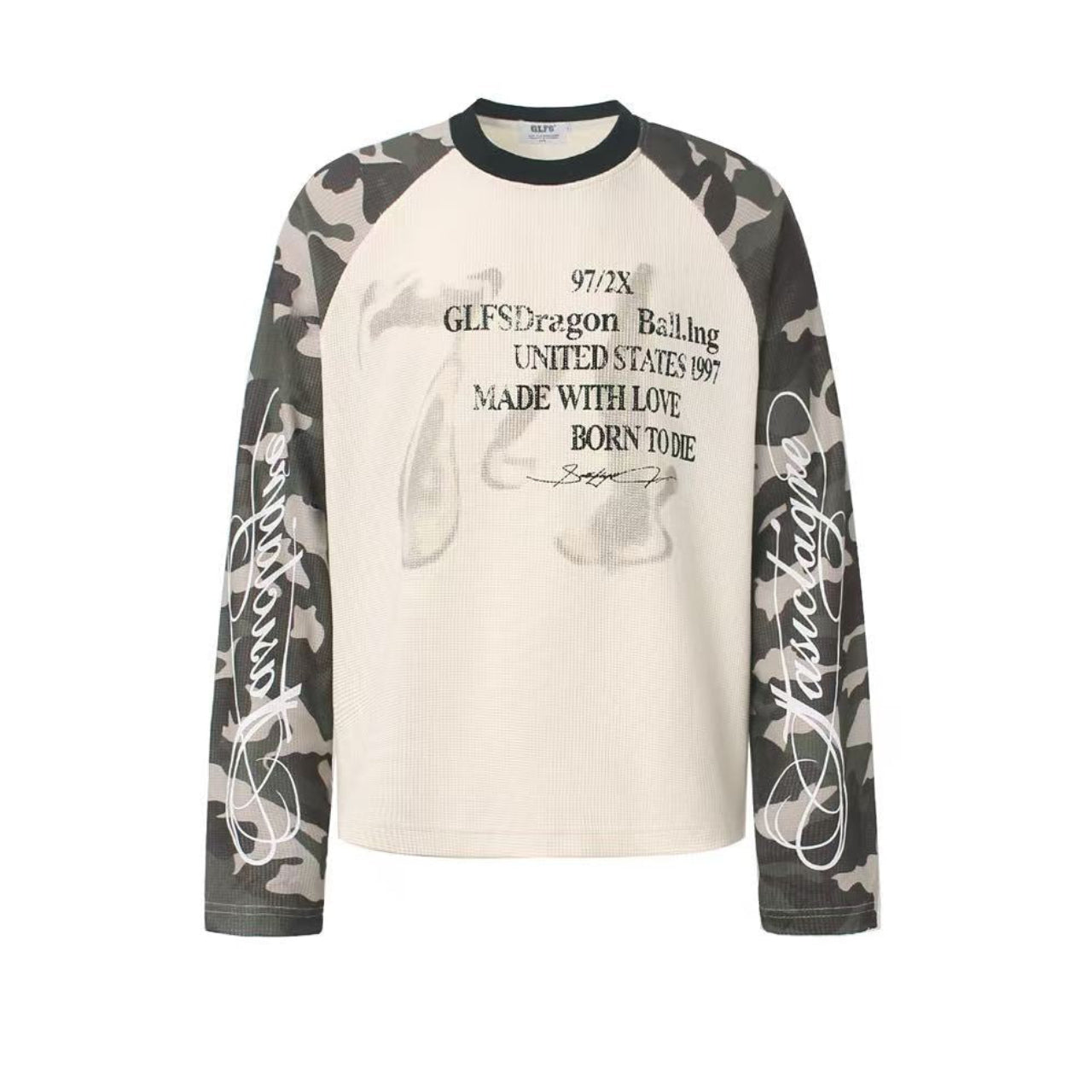 Camo Raglan Sleeve Vintage Script Print Waffle Knit Long Sleeve