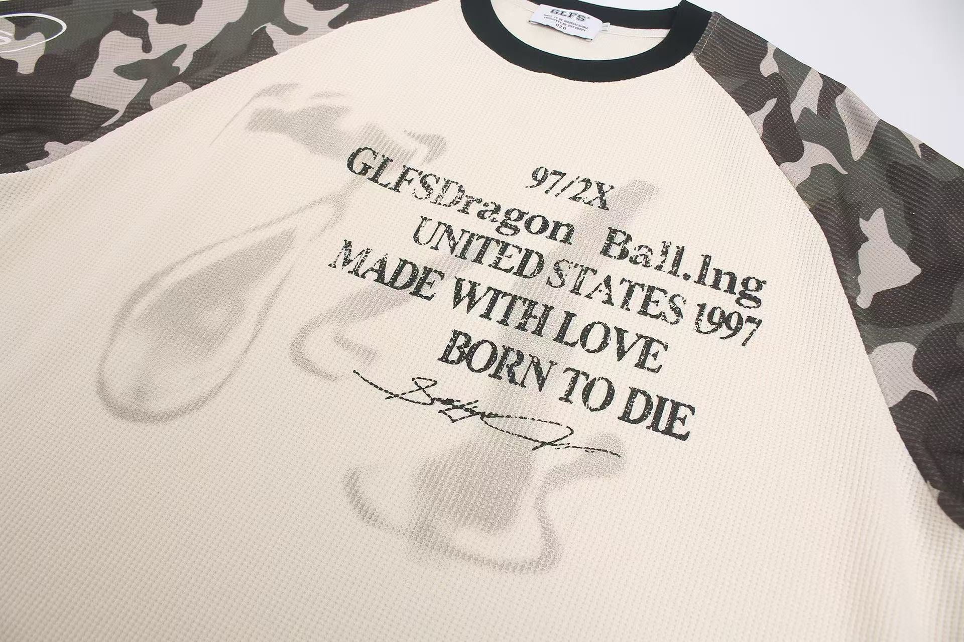 Camo Raglan Sleeve Vintage Script Print Waffle Knit Long Sleeve