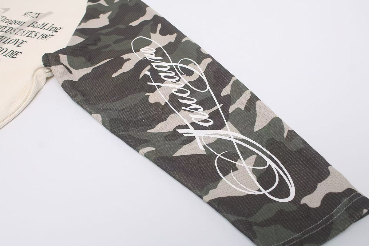 Camo Raglan Sleeve Vintage Script Print Waffle Knit Long Sleeve