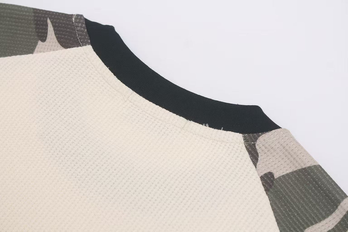 Camo Raglan Sleeve Vintage Script Print Waffle Knit Long Sleeve