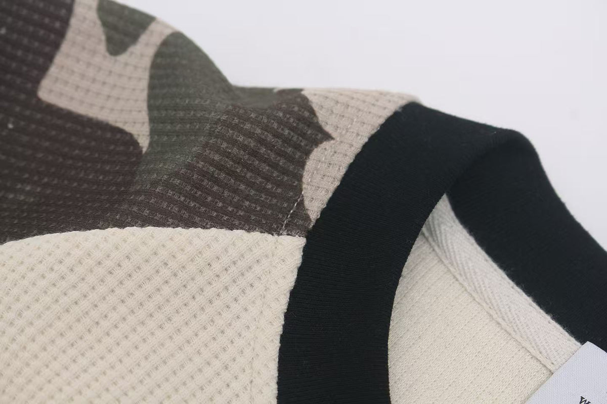 Camo Raglan Sleeve Vintage Script Print Waffle Knit Long Sleeve