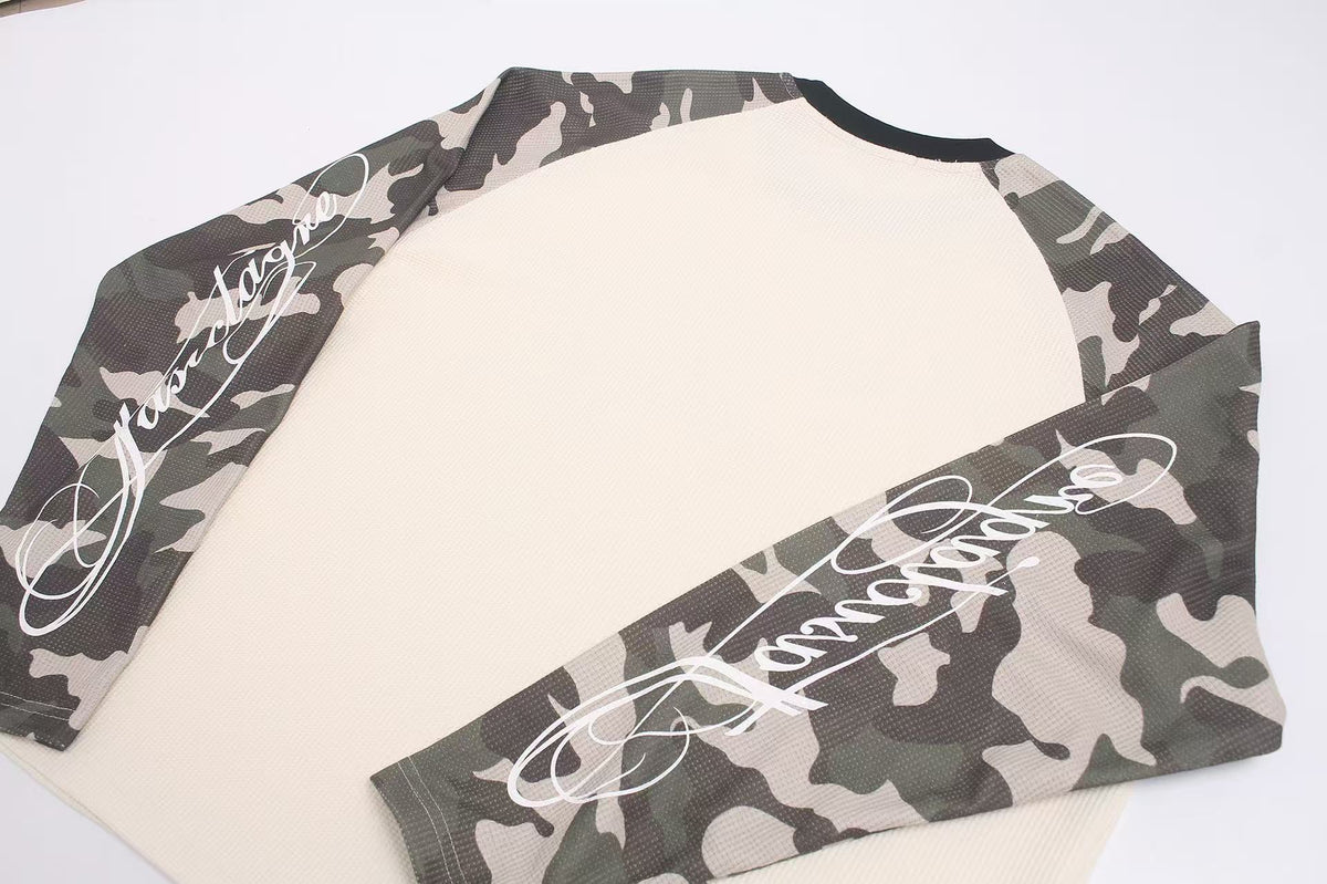 Camo Raglan Sleeve Vintage Script Print Waffle Knit Long Sleeve
