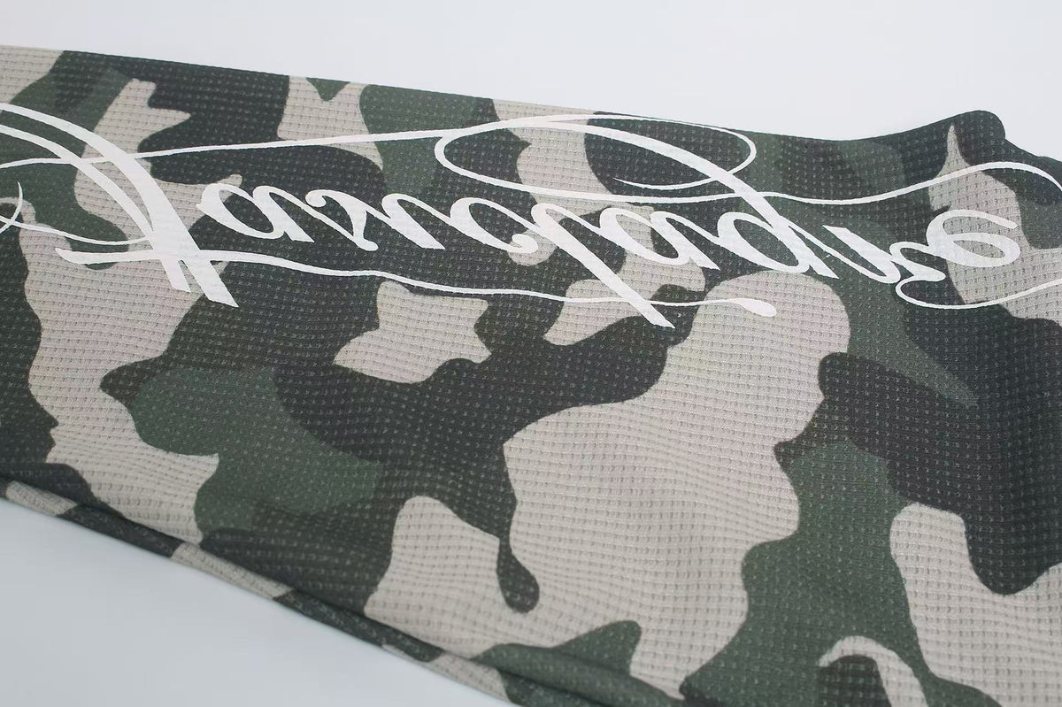 Camo Raglan Sleeve Vintage Script Print Waffle Knit Long Sleeve