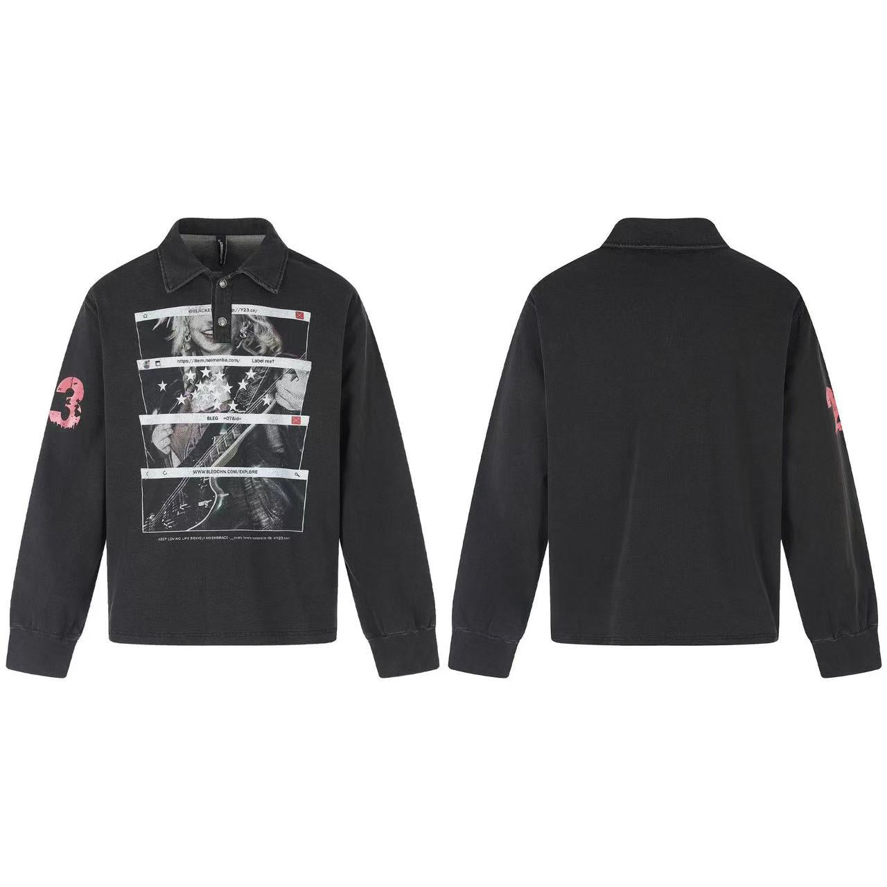 Wash Vintage Rock Graphic Long Sleeve Polo Shirt