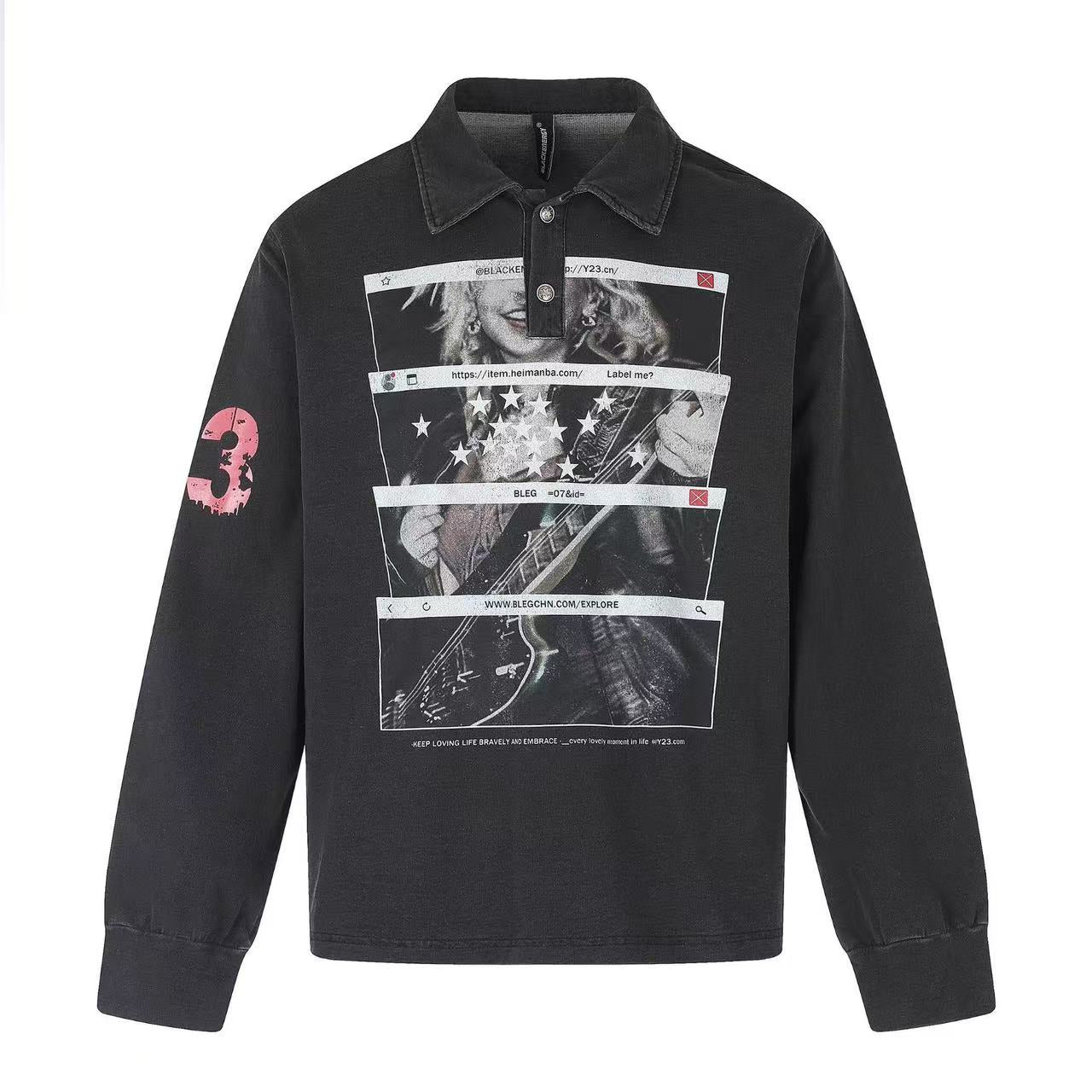 Wash Vintage Rock Graphic Long Sleeve Polo Shirt
