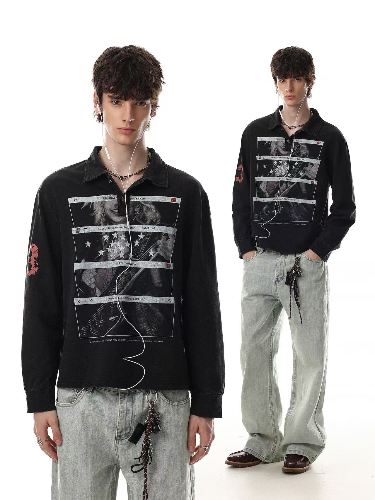 Wash Vintage Rock Graphic Long Sleeve Polo Shirt
