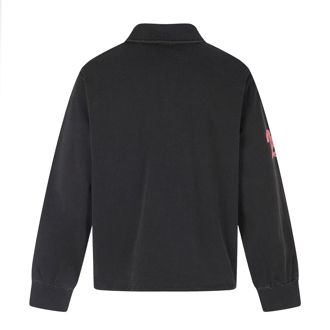 Wash Vintage Rock Graphic Long Sleeve Polo Shirt