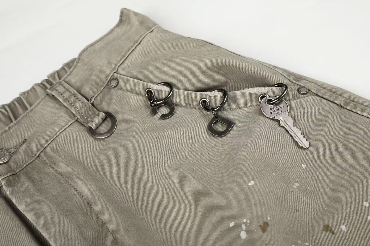 Splash Paint Distressed Chain Decor Wide-Leg Cargo Pants