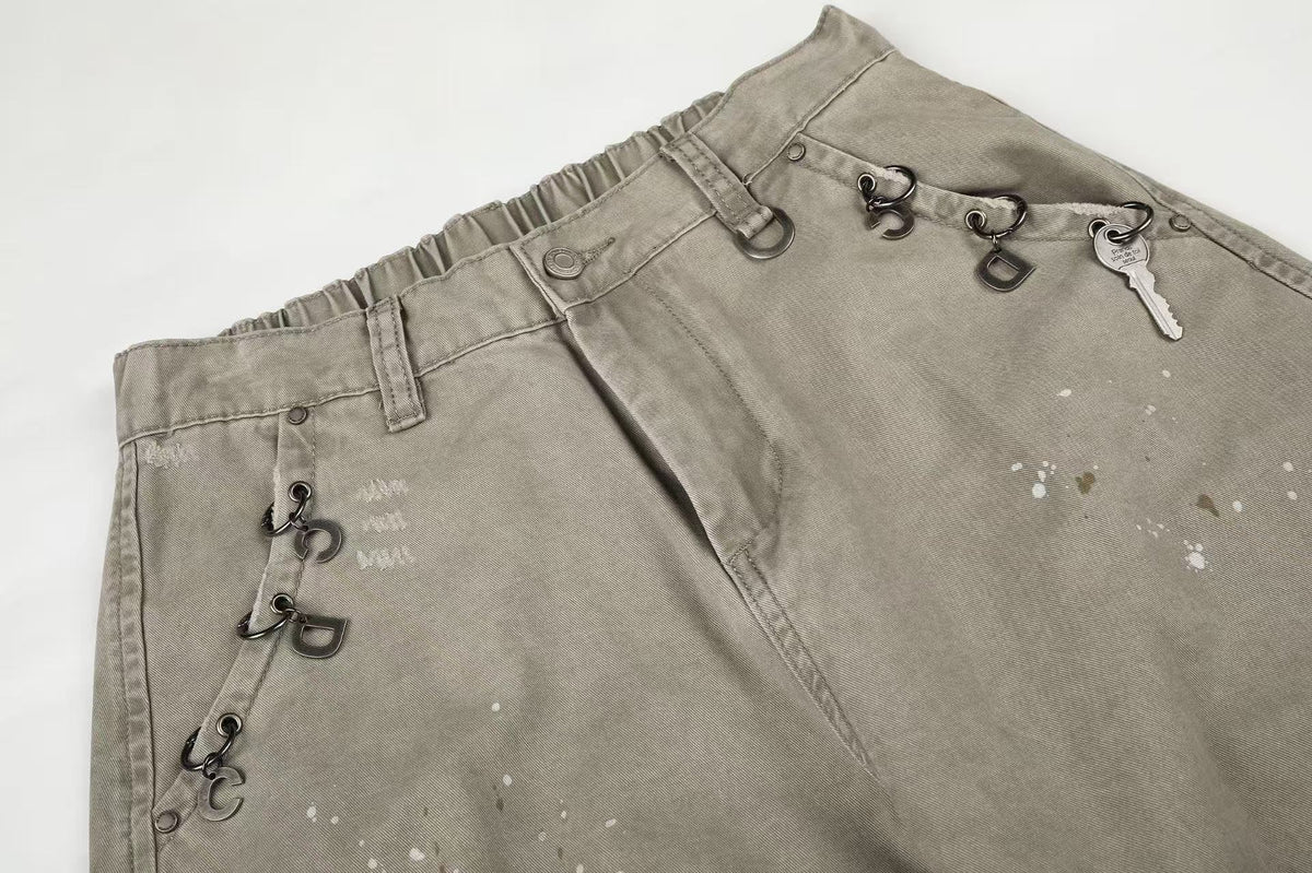 Splash Paint Distressed Chain Decor Wide-Leg Cargo Pants