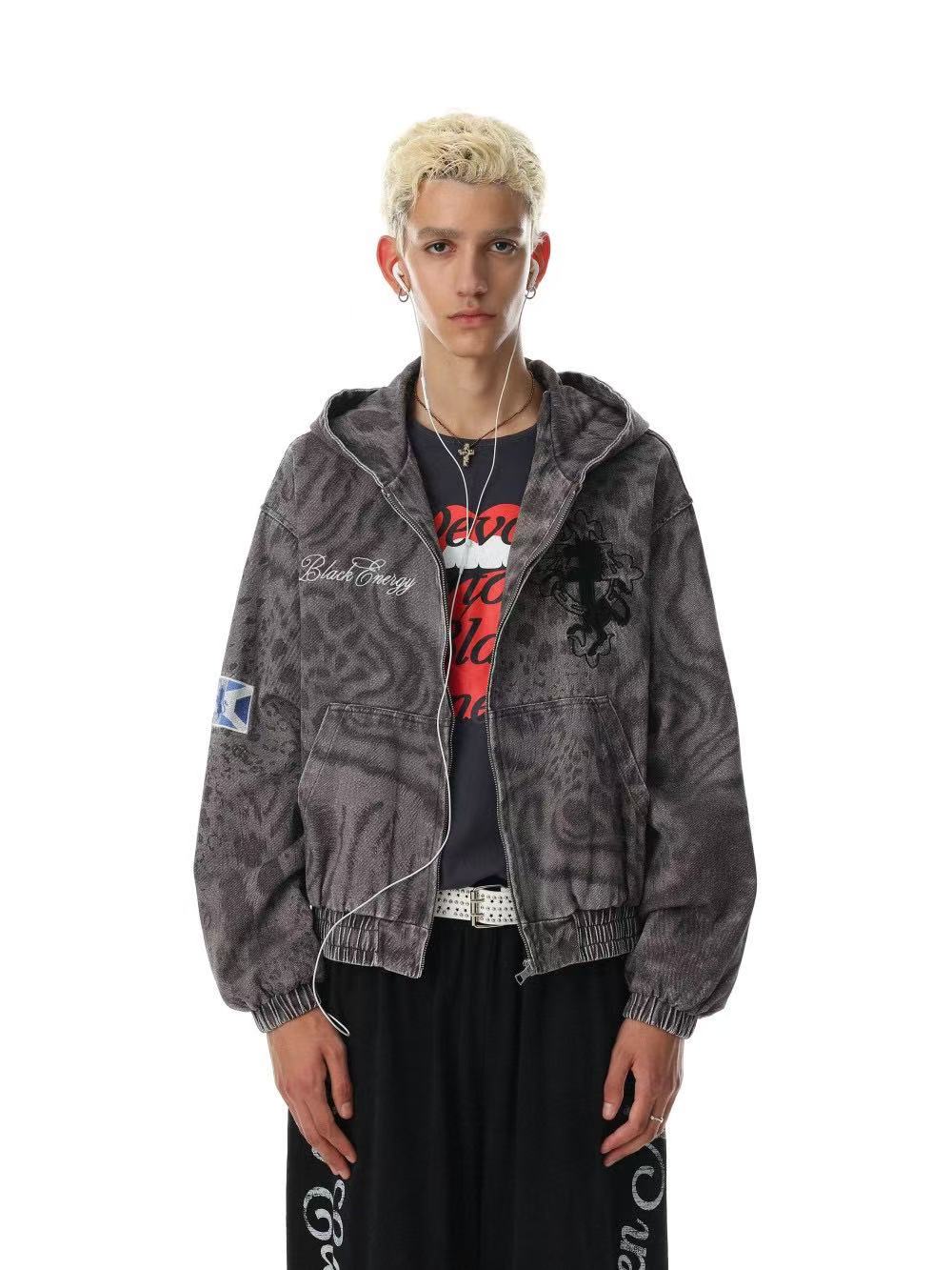 Washed Leopard Print Zip Up Hooded Jacket